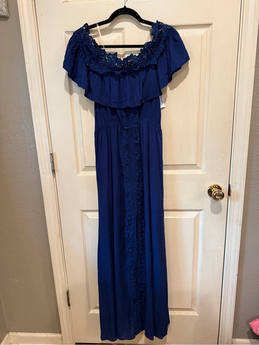 Soieblu Navy Blue Off-Shoulder Maxi Dress with Lace Trim